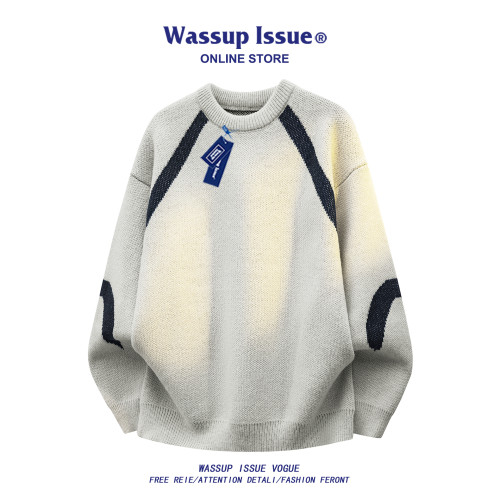 WASSUP ISSUE美式撞色圓領針織衫男款秋冬寬鬆套頭毛衣男內搭上衣