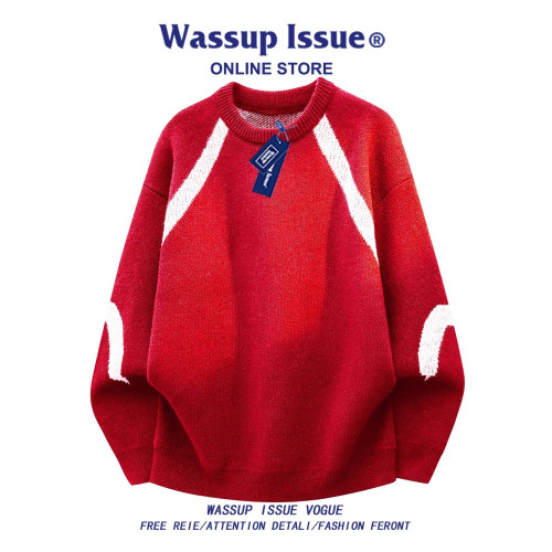 WASSUP ISSUE美式撞色圓領針織衫男款秋冬寬鬆套頭毛衣男內搭上衣