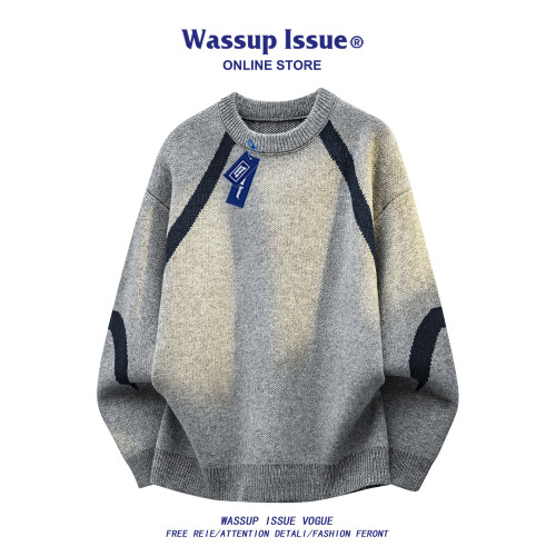 WASSUP ISSUE美式撞色圓領針織衫男款秋冬寬鬆套頭毛衣男內搭上衣
