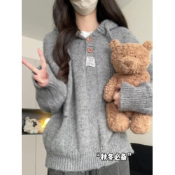 慵嬾風灰色連帽衛衣毛衣女2025新款爆款秋冬季外套針織衫長袖上衣