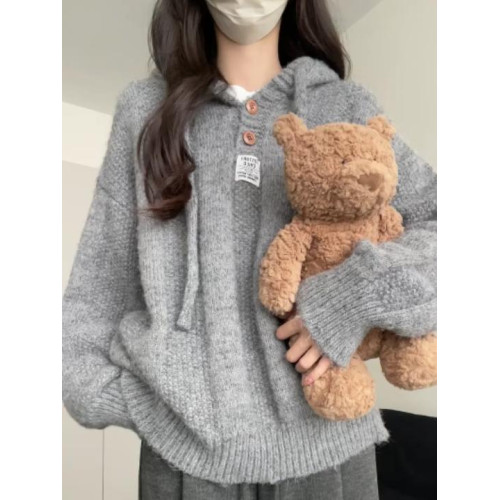 慵嬾風灰色連帽衛衣毛衣女2025新款爆款秋冬季外套針織衫長袖上衣