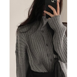 韓國chic秋冬復古單排釦高領保暖毛衣外套坑條顯瘦長袖針織開衫女