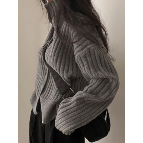 韓國chic秋冬復古單排釦高領保暖毛衣外套坑條顯瘦長袖針織開衫女 韓國chic秋冬復古單排釦高領保暖毛衣外套坑條顯瘦長袖針織開衫女