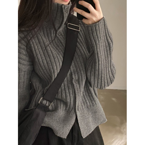 韓國chic秋冬復古單排釦高領保暖毛衣外套坑條顯瘦長袖針織開衫女 韓國chic秋冬復古單排釦高領保暖毛衣外套坑條顯瘦長袖針織開衫女