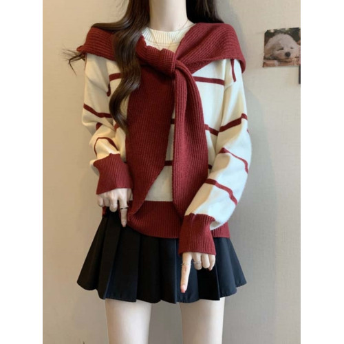 春秋搭配一整套女大碼微胖mm高級感時髦洋氣針織衫毛衣披肩兩件套