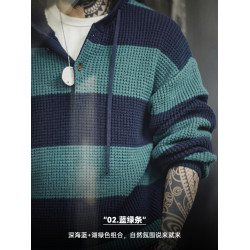 馬登工裝美式休閒撞色條紋連帽針織衫學院風毛衣寬松套頭衛衣男秋