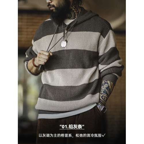 馬登工裝美式休閒撞色條紋連帽針織衫學院風毛衣寬松套頭衛衣男秋 馬登工裝美式休閒撞色條紋連帽針織衫學院風毛衣寬松套頭衛衣男秋