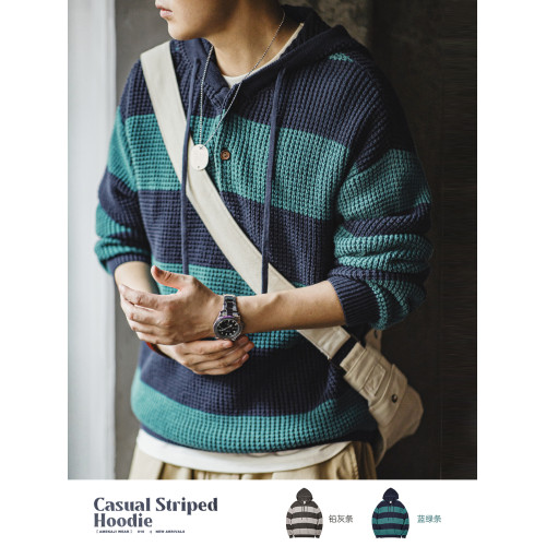 馬登工裝美式休閒撞色條紋連帽針織衫學院風毛衣寬松套頭衛衣男秋 馬登工裝美式休閒撞色條紋連帽針織衫學院風毛衣寬松套頭衛衣男秋