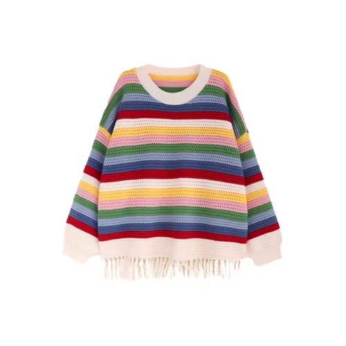 聖誕彩虹條紋流蘇毛衣女款2026新款秋冬季慵嬾風中長款針織衫上衣