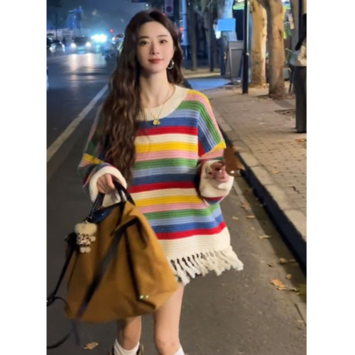 聖誕彩虹條紋流蘇毛衣女款2026新款秋冬季慵嬾風中長款針織衫上衣