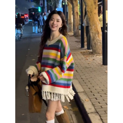 聖誕彩虹條紋流蘇毛衣女款2026新款秋冬季慵嬾風中長款針織衫上衣