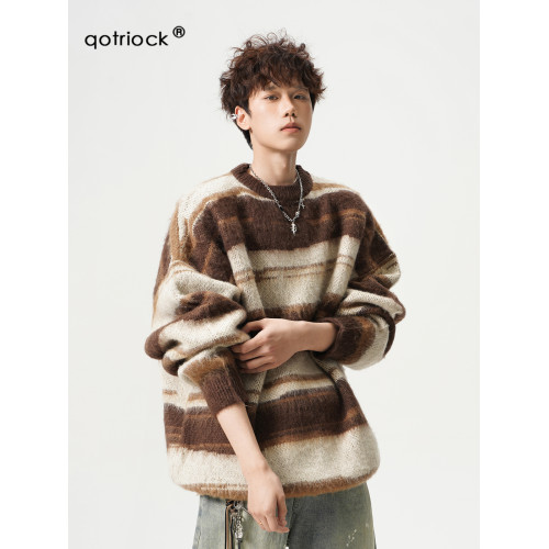 馬海毛圓領毛衣男女秋冬休閒撞色條紋針織衫寬鬆松弛感情侶打底衫