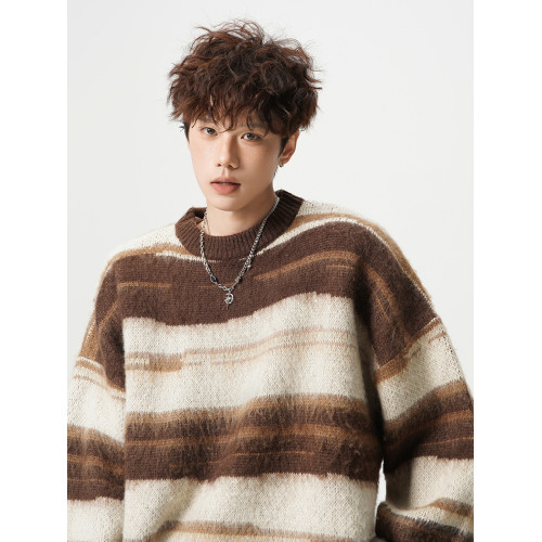 馬海毛圓領毛衣男女秋冬休閒撞色條紋針織衫寬鬆松弛感情侶打底衫