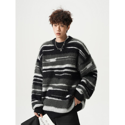 馬海毛圓領毛衣男女秋冬休閒撞色條紋針織衫寬鬆松弛感情侶打底衫