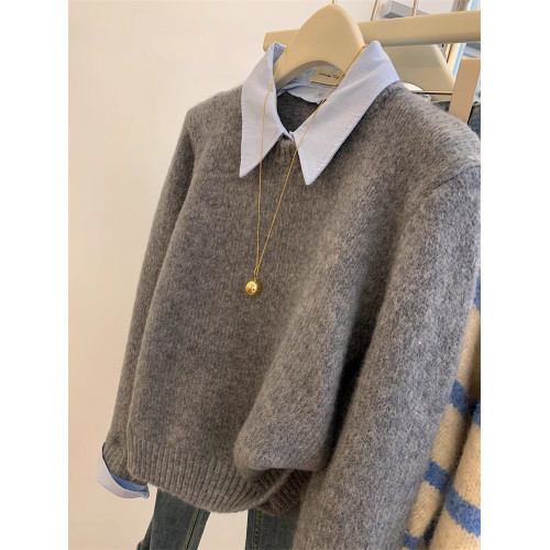 灰色假兩件polo襯衫領內搭毛衣女秋冬短款慵嬾風寬鬆打底針織上衣