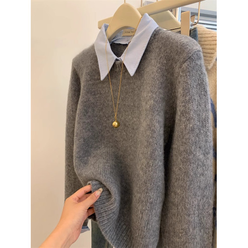 灰色假兩件polo襯衫領內搭毛衣女秋冬短款慵嬾風寬鬆打底針織上衣