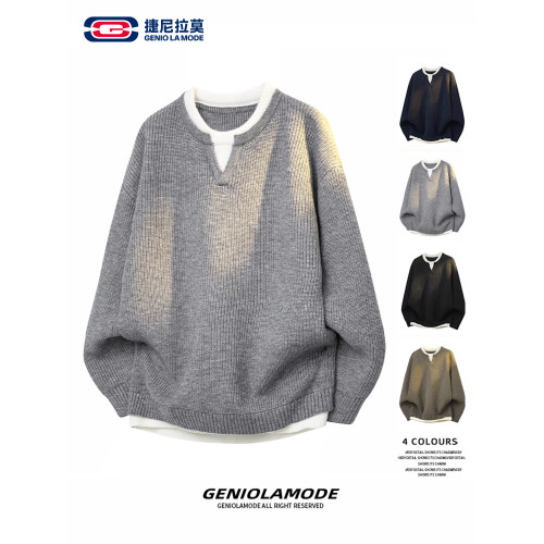 GENIOLAMODE休閒百搭拼接針織衫男士秋季v領老錢風毛衣套頭衛衣潮