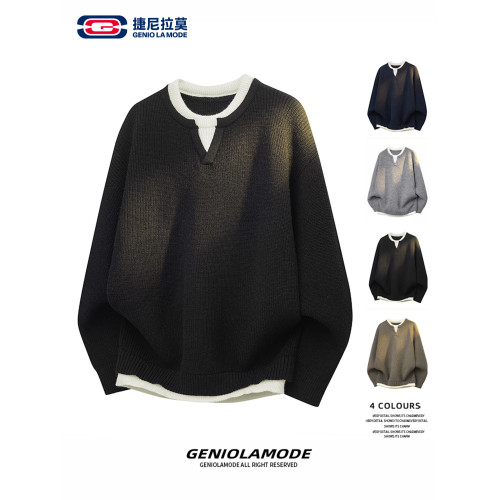 GENIOLAMODE休閒百搭拼接針織衫男士秋季v領老錢風毛衣套頭衛衣潮