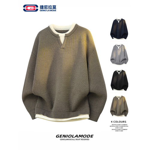GENIOLAMODE休閒百搭拼接針織衫男士秋季v領老錢風毛衣套頭衛衣潮