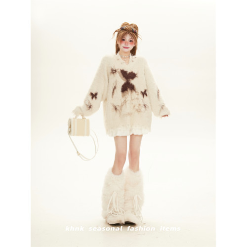 2025新款軟糯寬鬆掛脖漏肩v領毛衣女秋冬季針織上衣嬭huhu慵嬾風