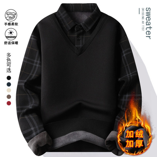 假兩件針織衫男士秋冬季百搭外套內搭襯衣領加絨加厚襯衫領毛衣男