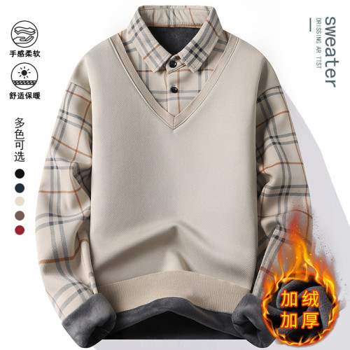 假兩件針織衫男士秋冬季百搭外套內搭襯衣領加絨加厚襯衫領毛衣男