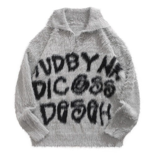 BMOB美式復古字母提花刷毛針織衫痞帥慵懶風仿貂毛寬鬆男女毛衣潮