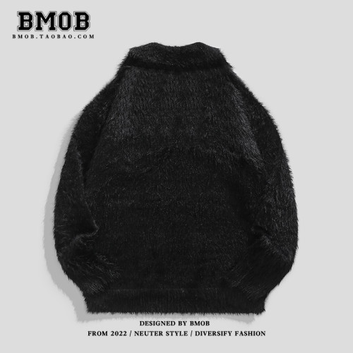 BMOB美式復古字母提花刷毛針織衫痞帥慵懶風仿貂毛寬鬆男女毛衣潮