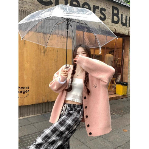 愛心刺綉毛衣外套女2025秋冬慵嬾風寬鬆休閒顯瘦長袖V領針織衫