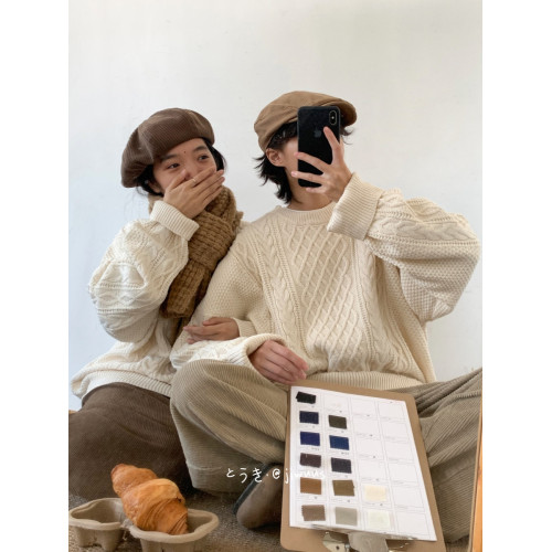 幾物jiwuus冬季日系復古白色嬭呼呼麻花圓領毛衣男女情侶裝針織衫