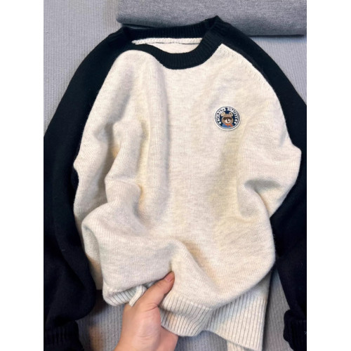 撞色軟糯套頭毛衣女秋冬慵懶寬松韓系chic別致內搭打底針織衫上衣