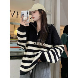 半高領拉鍊條紋毛衣女2026秋冬季新款設計感寬鬆套頭上衣針織打底