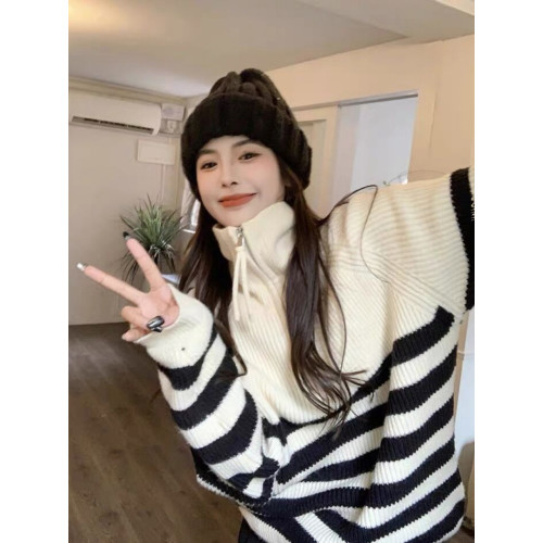 半高領拉鍊條紋毛衣女2026秋冬季新款設計感寬鬆套頭上衣針織打底
