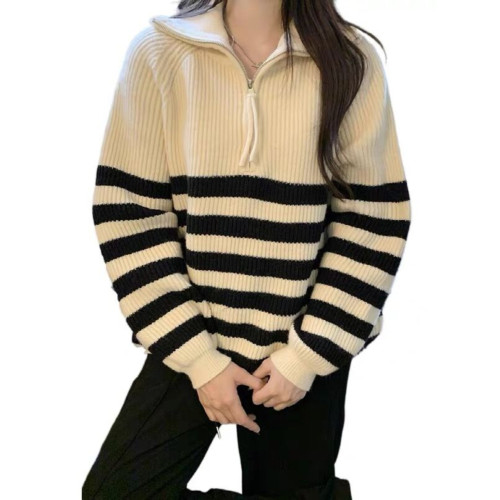 半高領拉鍊條紋毛衣女2026秋冬季新款設計感寬鬆套頭上衣針織打底