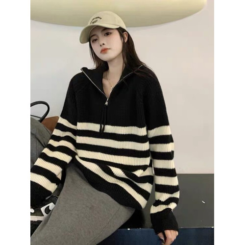 半高領拉鍊條紋毛衣女2026秋冬季新款設計感寬鬆套頭上衣針織打底