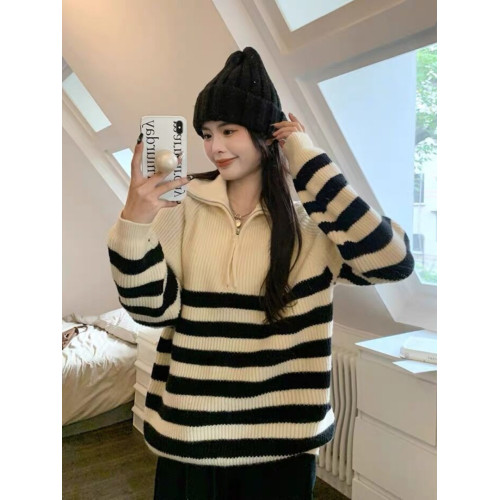 半高領拉鍊條紋毛衣女2026秋冬季新款設計感寬鬆套頭上衣針織打底