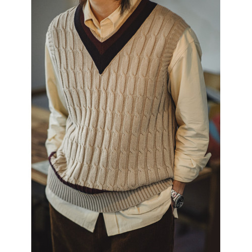 馬登工裝美式復古IVY針織V領毛衣背心學院風撞色絞花無袖馬甲男秋