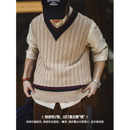 馬登工裝美式復古IVY針織V領毛衣背心學院風撞色絞花無袖馬甲男秋