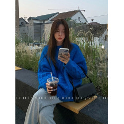 秋冬慵嬾風寬鬆絞麻花套頭加厚外穿內搭克萊因寶藍色針織毛衣女