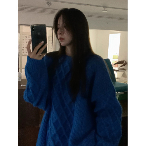 秋冬慵嬾風寬鬆絞麻花套頭加厚外穿內搭克萊因寶藍色針織毛衣女