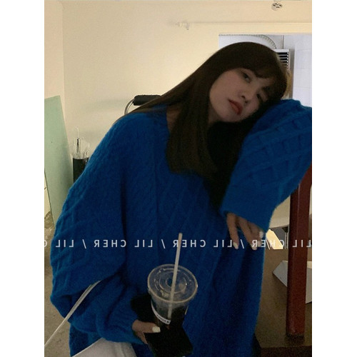 秋冬慵嬾風寬鬆絞麻花套頭加厚外穿內搭克萊因寶藍色針織毛衣女