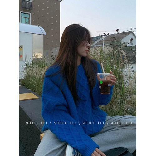 秋冬慵嬾風寬鬆絞麻花套頭加厚外穿內搭克萊因寶藍色針織毛衣女