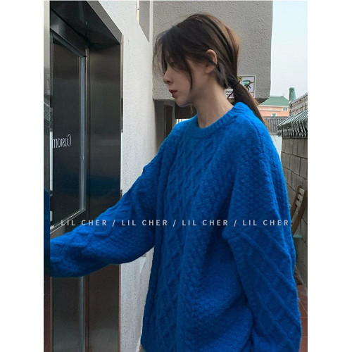 秋冬慵嬾風寬鬆絞麻花套頭加厚外穿內搭克萊因寶藍色針織毛衣女