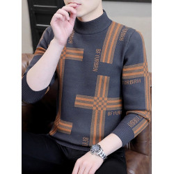 冬季毛衣男士半高領時尚潮流格子提花打底針織衫保暖中領條紋線衣