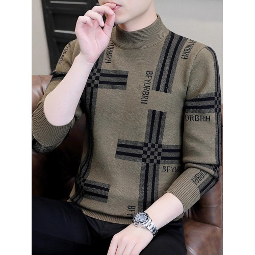 冬季毛衣男士半高領時尚潮流格子提花打底針織衫保暖中領條紋線衣