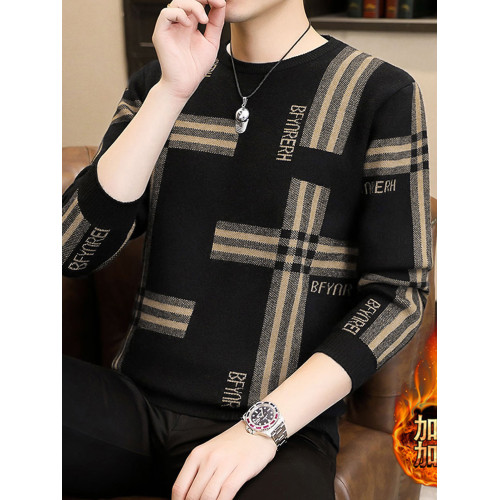 冬季毛衣男士半高領時尚潮流格子提花打底針織衫保暖中領條紋線衣