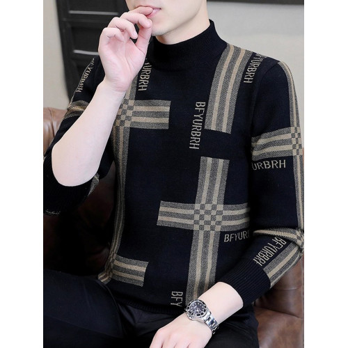 冬季毛衣男士半高領時尚潮流格子提花打底針織衫保暖中領條紋線衣