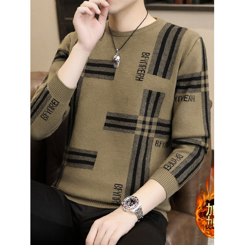 冬季毛衣男士半高領時尚潮流格子提花打底針織衫保暖中領條紋線衣