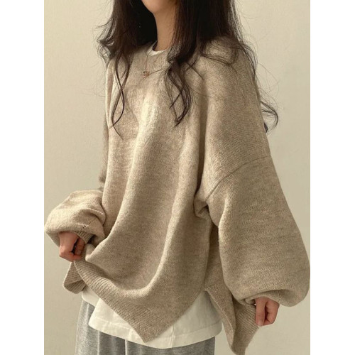 大碼韓版慵嬾風圓領毛衣女秋冬2025新款胖MM顯瘦加厚保暖開叉上衣