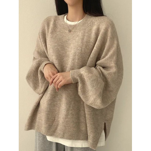 大碼韓版慵嬾風圓領毛衣女秋冬2025新款胖MM顯瘦加厚保暖開叉上衣